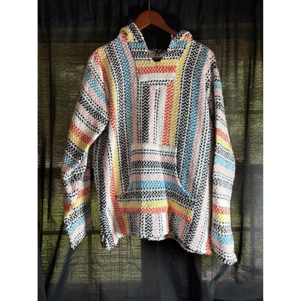 Earth Ragz Baja Hoodie Mens Medium Multi Color Striped Drug Rug Mexican Pullover